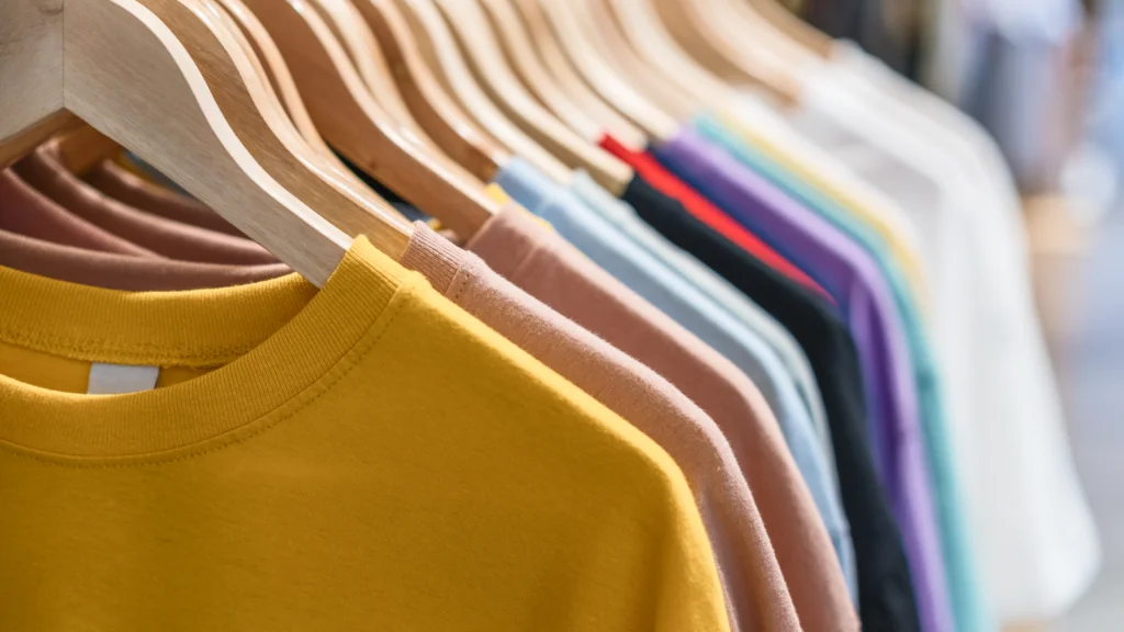 Colorful t-shirts displayed on hangers in a clothing store, showcasing a variety of styles and vibrant hues.