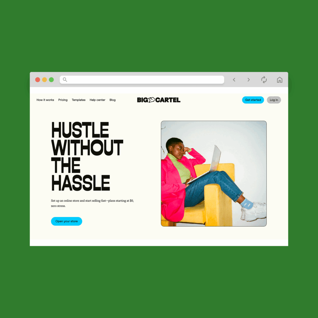 Big Cartel homepage hero section screenshot mockup.