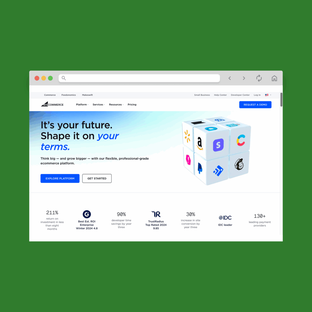 BigCommerce homepage hero section screenshot mockup.