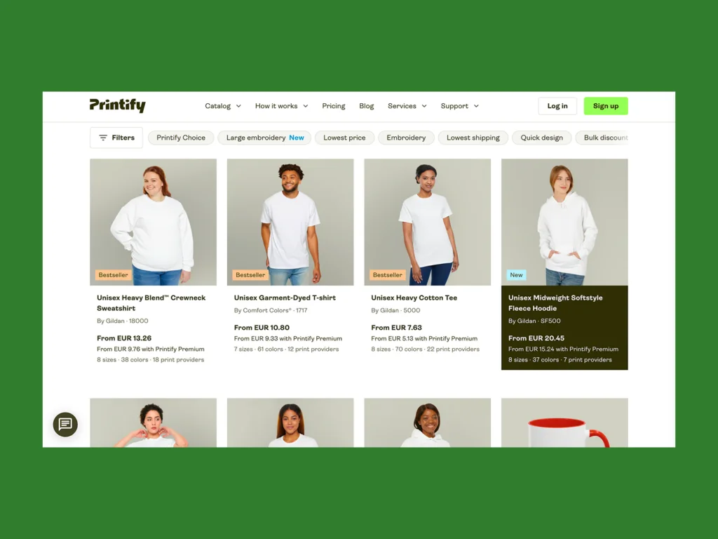 Choose a product Screenshot mockup showing Printify’s bestseller products.