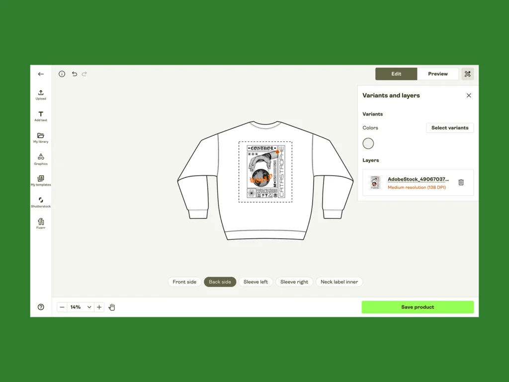 Customize placement and variants Screenshot mockup showing how to adjust image placement and print location in Printify’s Product Creator.