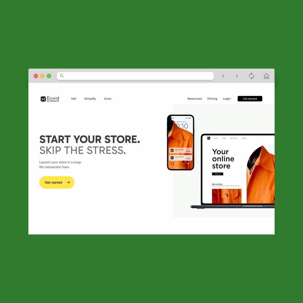 Ecwid homepage hero section screenshot mockup.