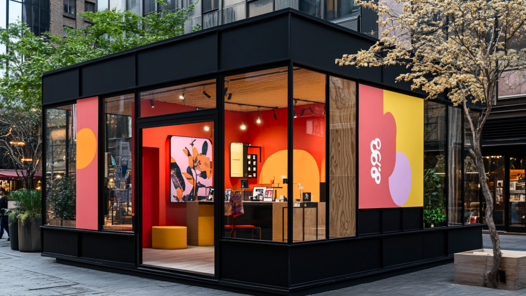 A storefront featuring vibrant, colorful displays attracting customers outside.