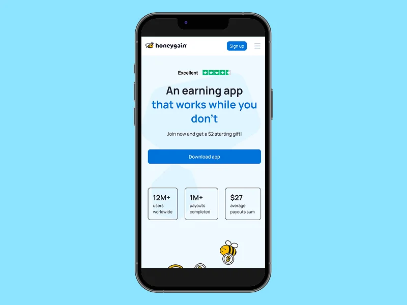 Honeygain homepage, mobile phone screenshot mockup.