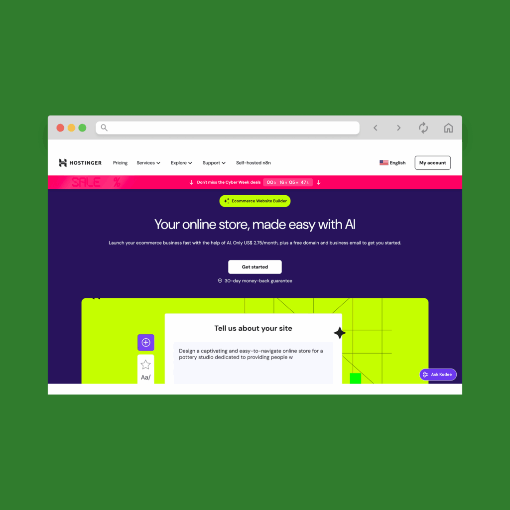 Hostinger eCommerce Website Builder homepage hero section screenshot mockup.