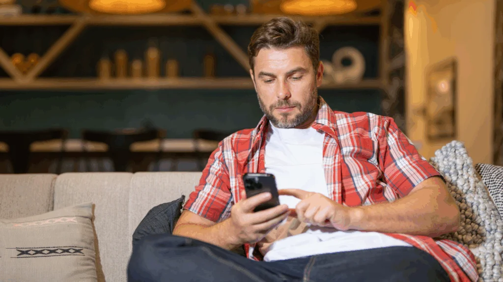 A man in a red plaid shirt is sitting on a beige sofa, using his smartphone with a blurred bookshelf in the background.