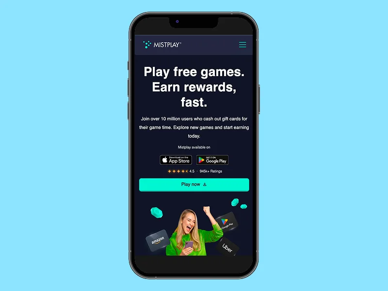 Mistplay homepage, mobile phone screenshot mockup.