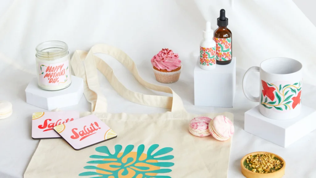 A tote bag featuring an assortment of items, showcasing a colorful and eclectic design.