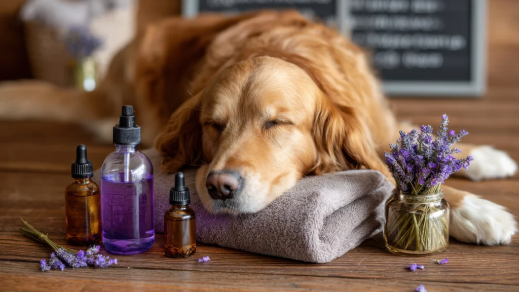 A dog peacefully sleeps on a towel adorned with lavender flowers, creating a serene and calming scene.
