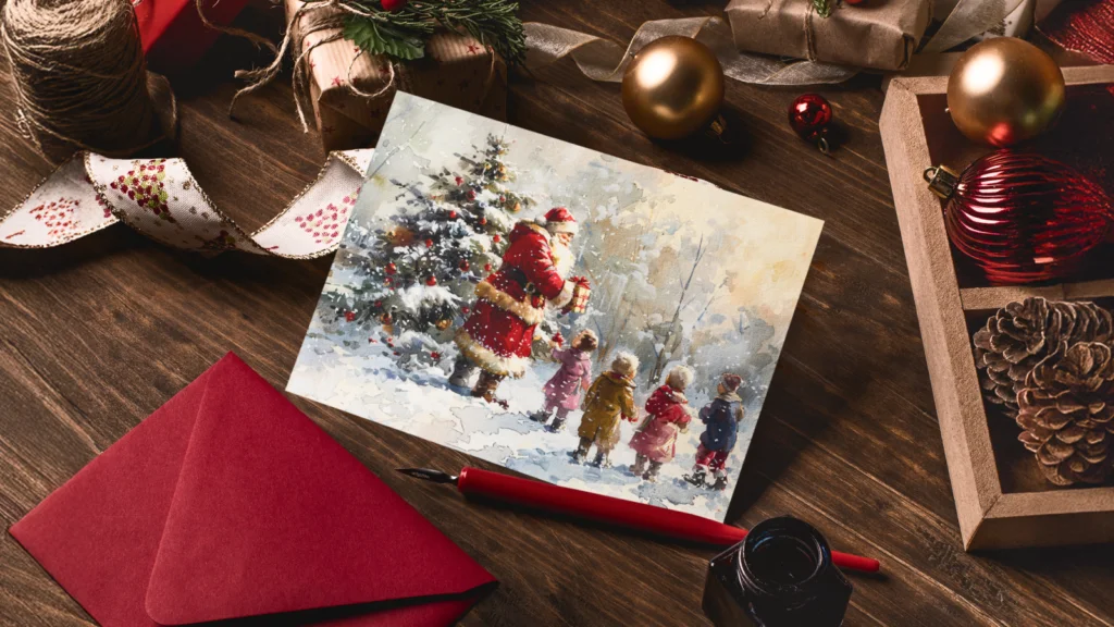 Romantic feminine and nostalgic prints A Christmas card featuring Santa Claus and children by a tree lies on a wooden table, surrounded by red envelopes, ribbon, and ornaments.