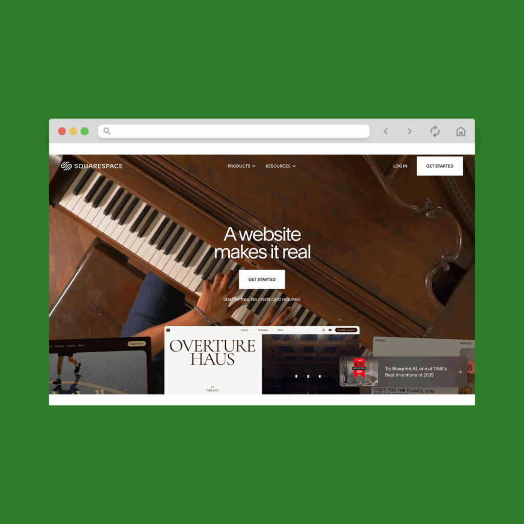 Squarespace homepage hero section screenshot mockup.