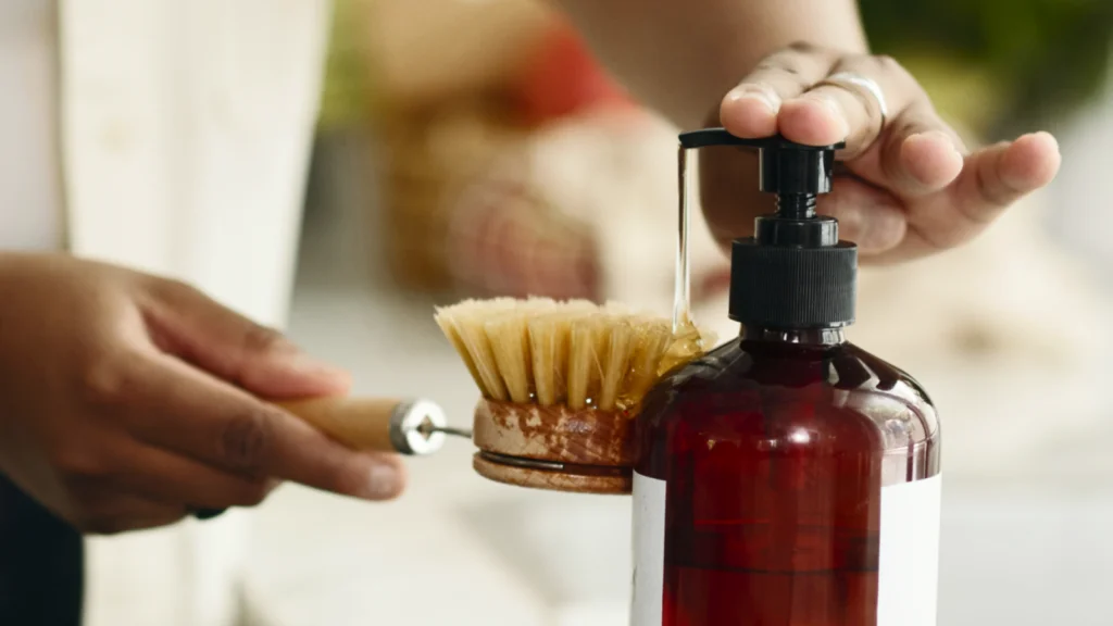 A person cleans a bottle of liquid using a brush, focusing on removing residue from the interior surface.