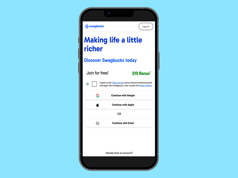 Swagbucks homepage, mobile phone screenshot mockup.