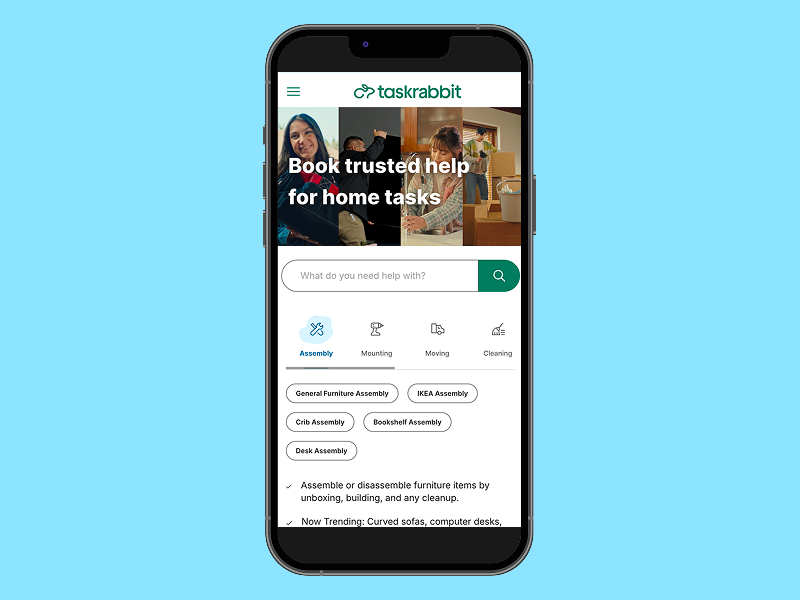 TaskRabbit homepage, mobile phone screenshot mockup.