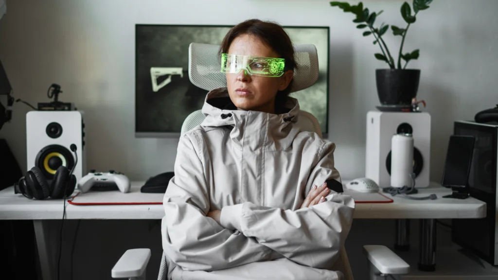 Techwear and adaptable layering Woman in futuristic green visor, seated with arms crossed. Surrounded by tech, speakers, and a plant in a modern workspace.