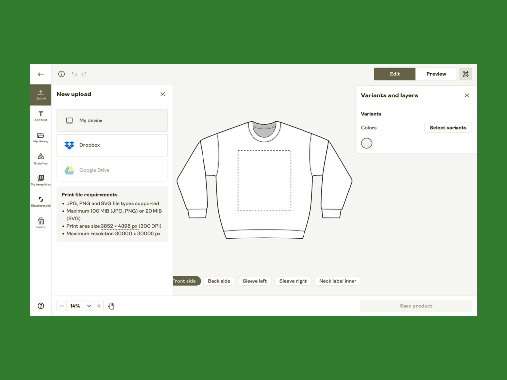 Upload or create a design Screenshot mockup showing how to upload image files in Printify’s Product Creator.