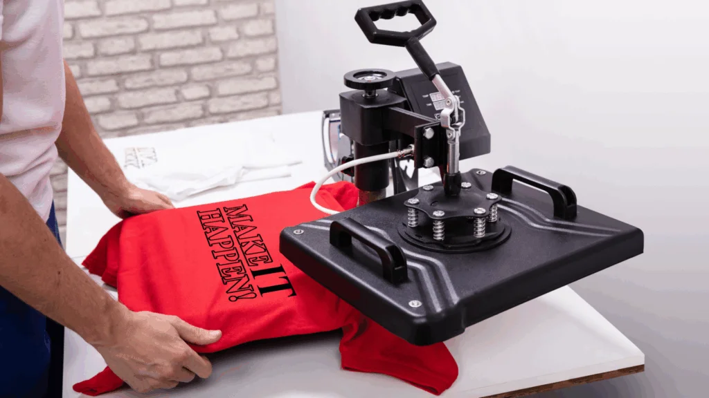 A person is operating a printing machine to print on a t-shirt.