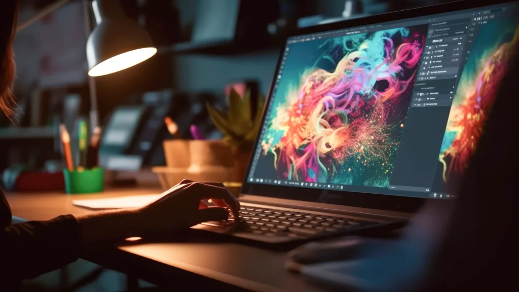 A person works on a digital art piece on a laptop, displaying vibrant, colorful swirls under soft desk lamp lighting.