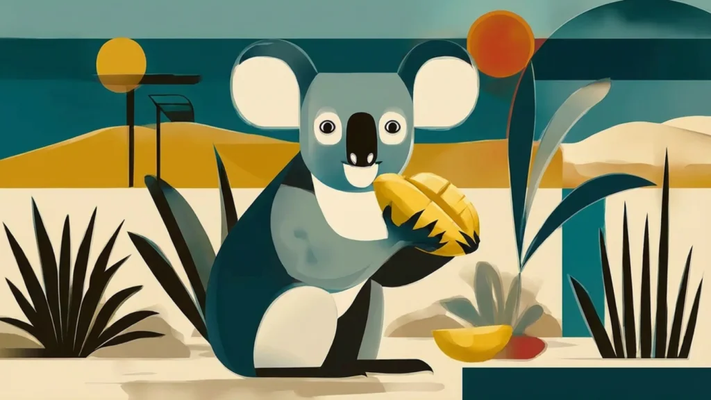 1 Quick tips A cartoon koala joyfully holds a mango while standing in front of a sunny beach scene.
