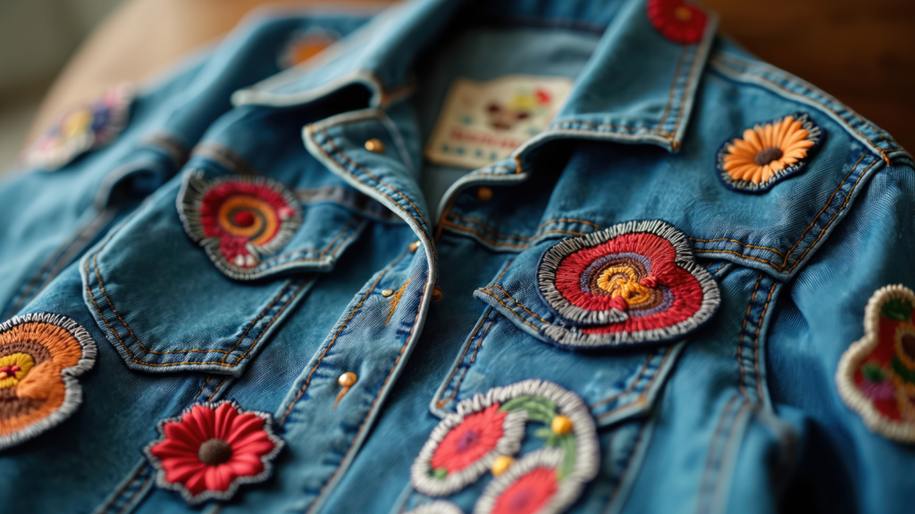 A jacket embroidered with different patches.