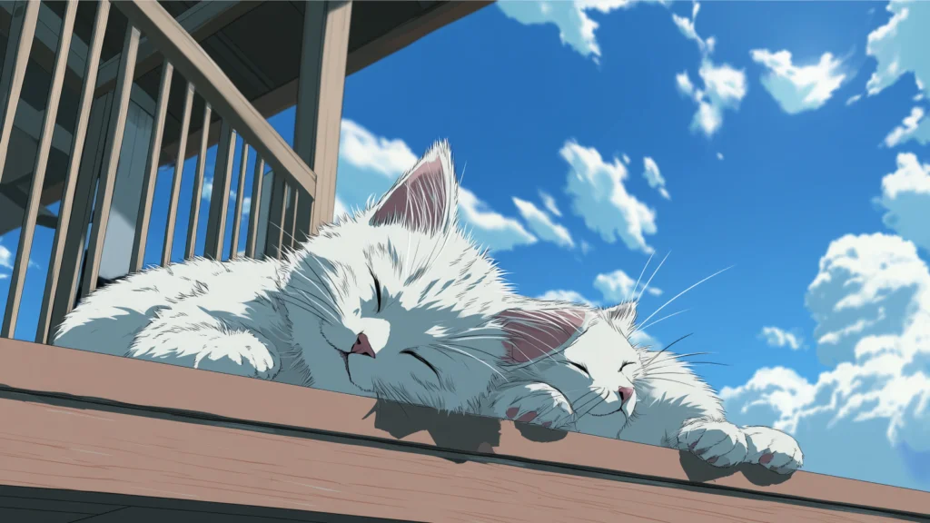 10 Aspect ratio Two white cats lounging peacefully on a wooden deck under soft sunlight.