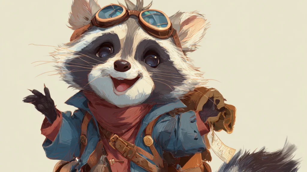 11 Sref A cartoon raccoon wearing goggles and holding a bag, ready for an adventure or exploration.