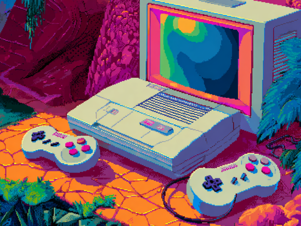 13 Retro games An old computer sits on a desk alongside two video game controllers, evoking nostalgia for classic gaming experiences.