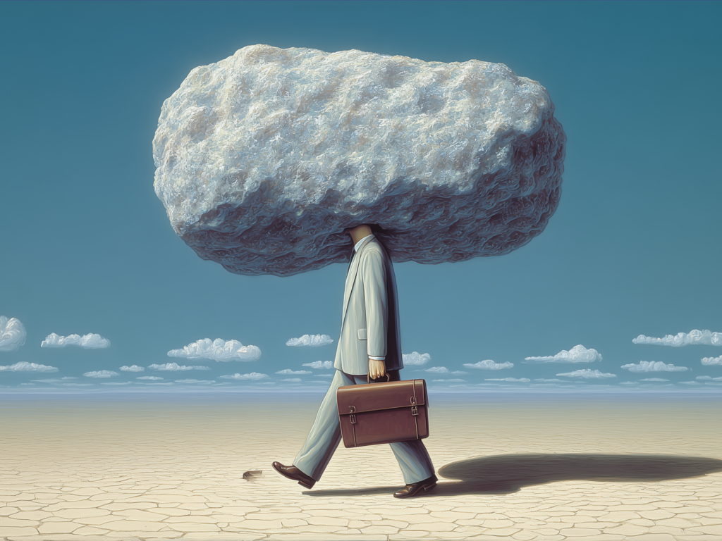 14 Surrealism A man walking with a briefcase held above his head, navigating through a busy urban environment.