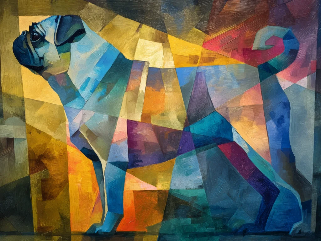 15 Cubism A vibrant painting of a pug dog surrounded by colorful geometric shapes.