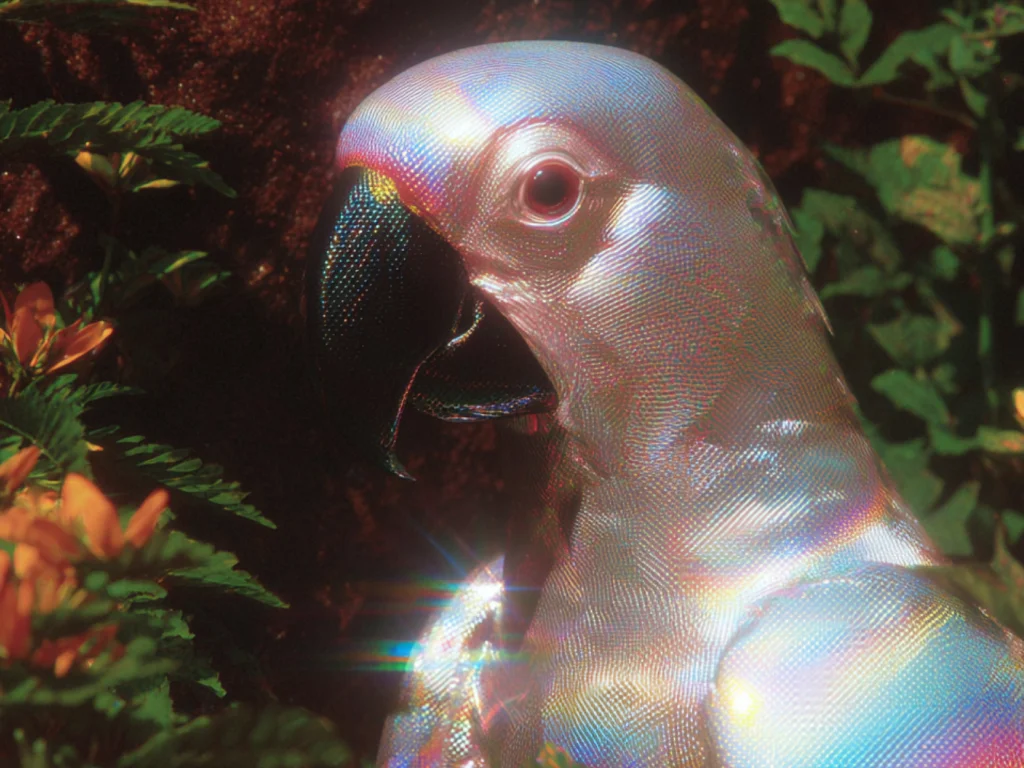 16 Phantasmal A bird displaying a vibrant, colorful beak perched on a branch against a blurred natural background.