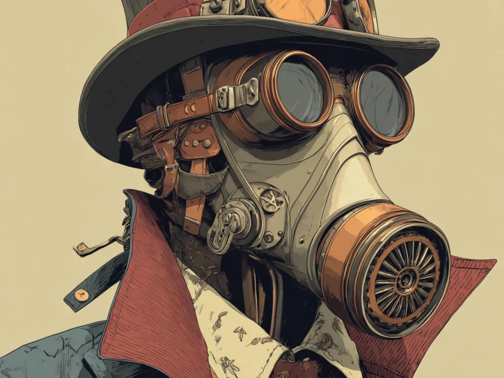 17 Steampunk Steampunk man wearing a top hat and gas mask, showcasing a blend of vintage fashion and industrial aesthetics.