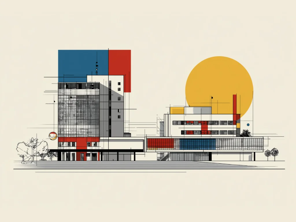 19 Bauhaus A drawing of a building with a bright sun shining in the background, creating a warm and inviting atmosphere.