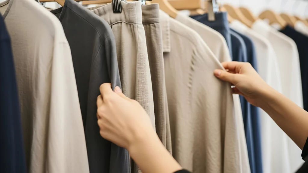 A person holds a shirt while standing next to a clothing rack filled with various garments.