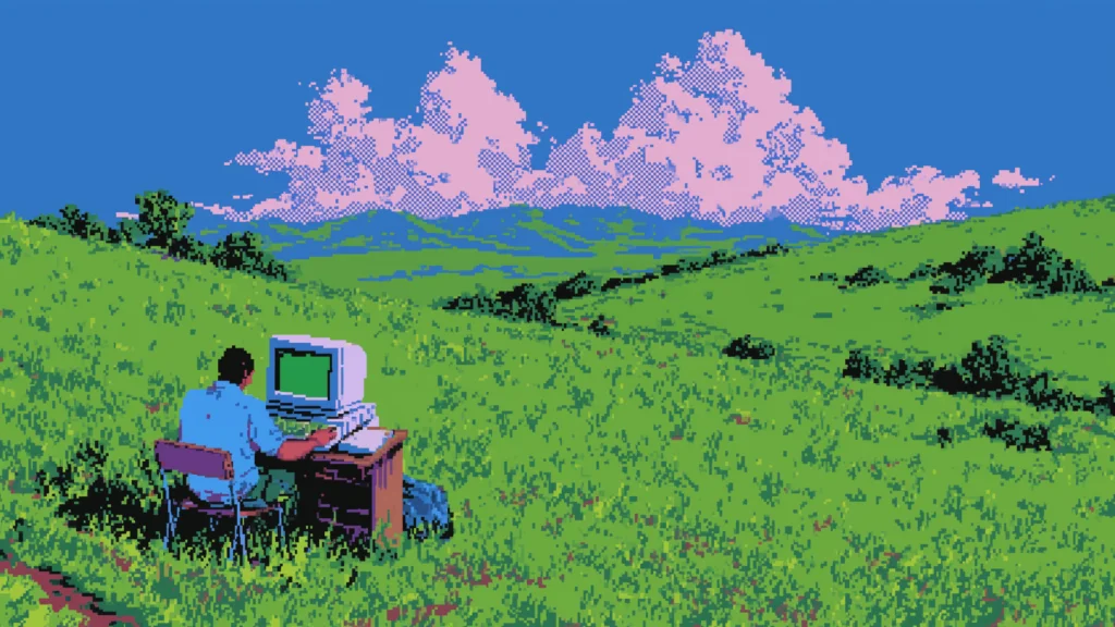 2 How to generate A man sitting on a chair in a field, working on a laptop computer surrounded by greenery and open space.