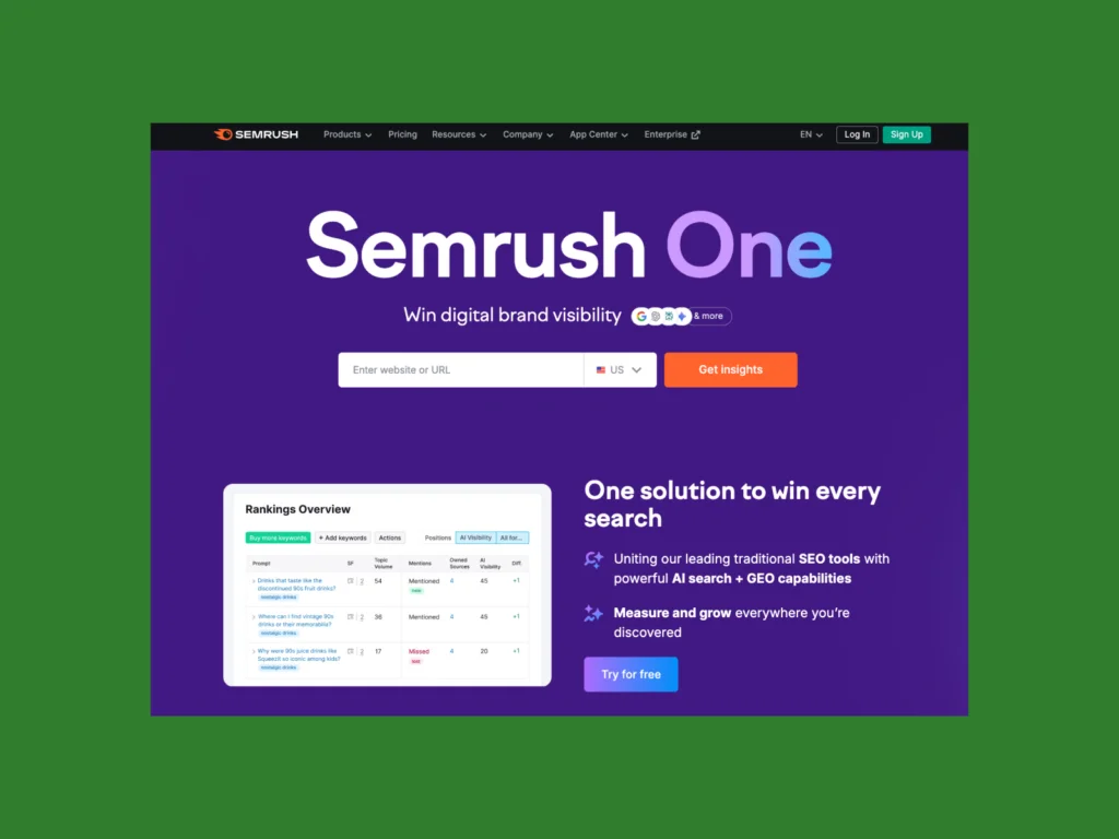 A screenshot of the Semrush landing page.
