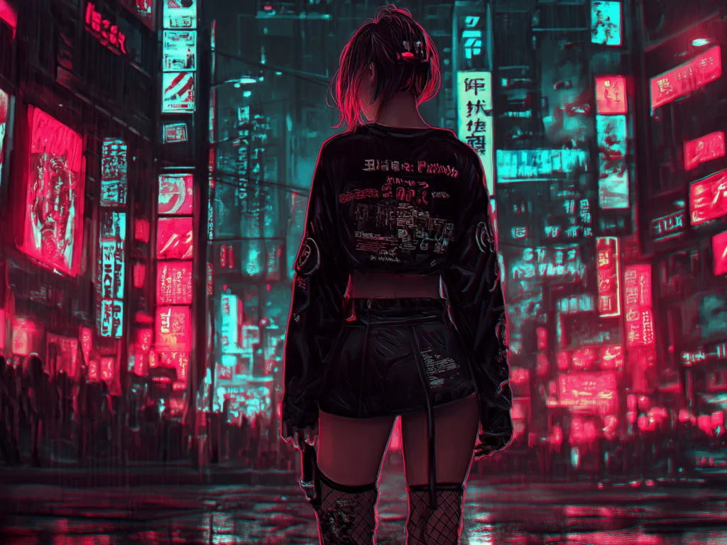 20 Cyberpunk A woman dressed in black and red stands confidently in the center of a bustling city street.