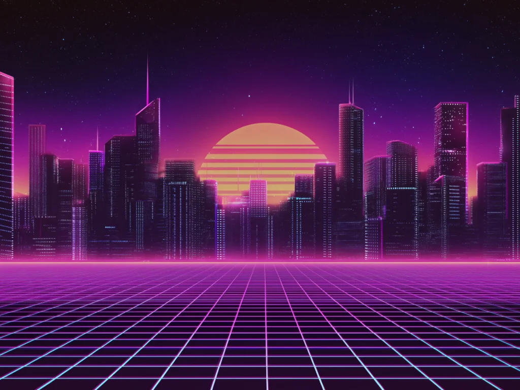 23 Retrowave Retro cityscape featuring vibrant neon lights illuminating tall buildings against a night sky.