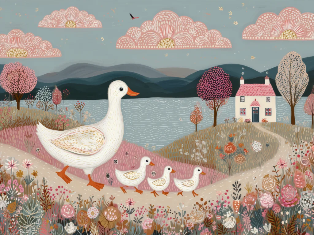 25 Naive Art A painting depicting a mother duck with her two ducklings swimming together in a serene pond setting.