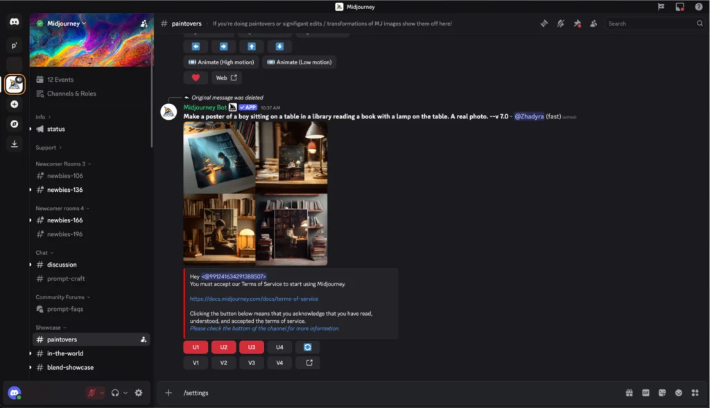 3 Adjust settings A screenshot showing how to adjust Midjourney settings.
