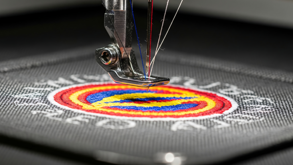 An embroidery machine embroidering a patch.