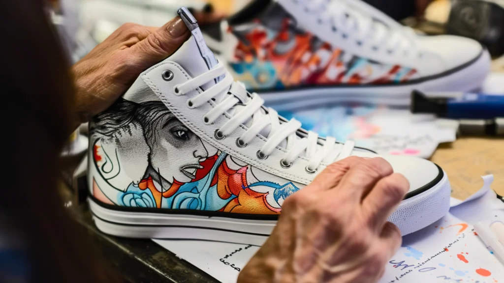 A woman paints sneakers featuring a woman's face, showcasing her artistic skills and creativity in footwear design.