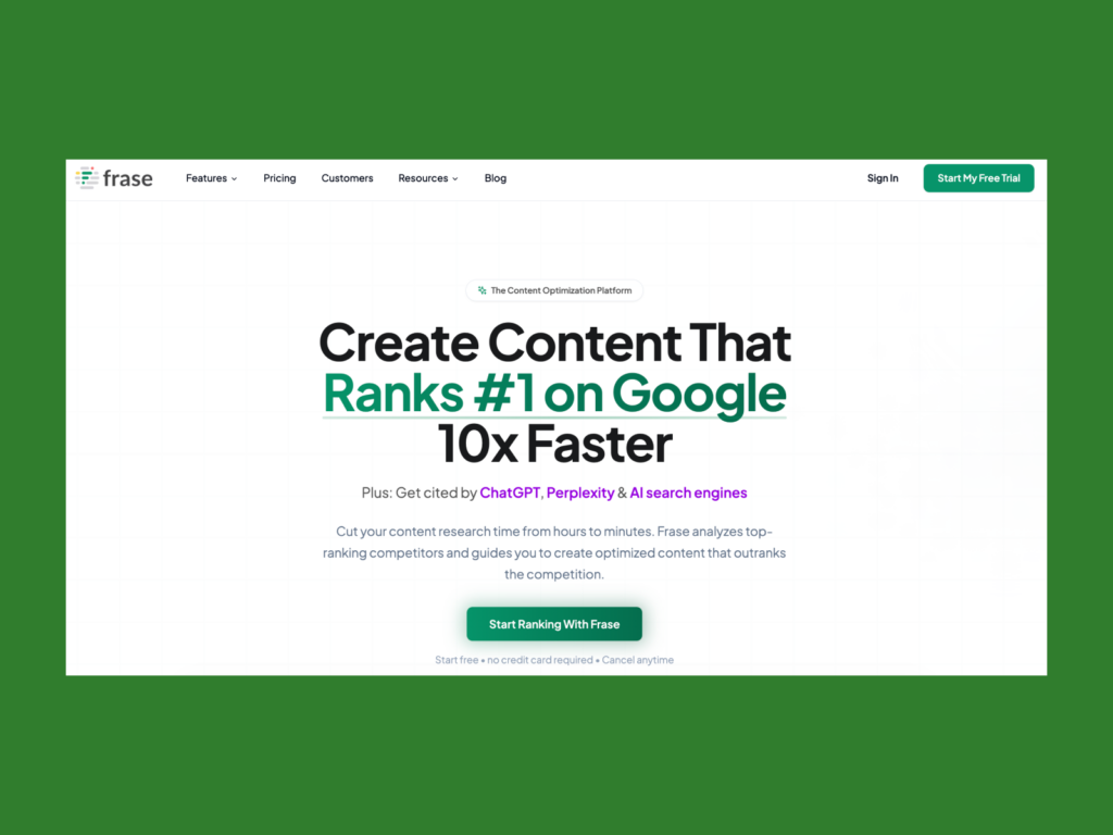 A screenshot of the Frase landing page.