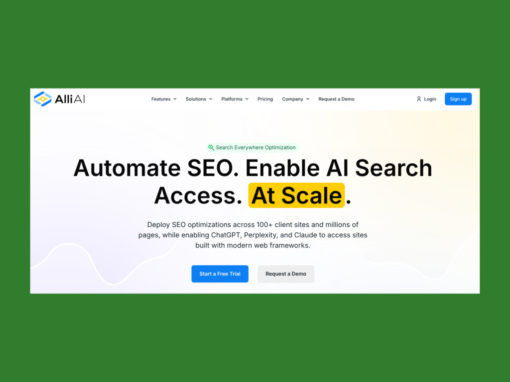 A screenshot of the Alli AI landing page.