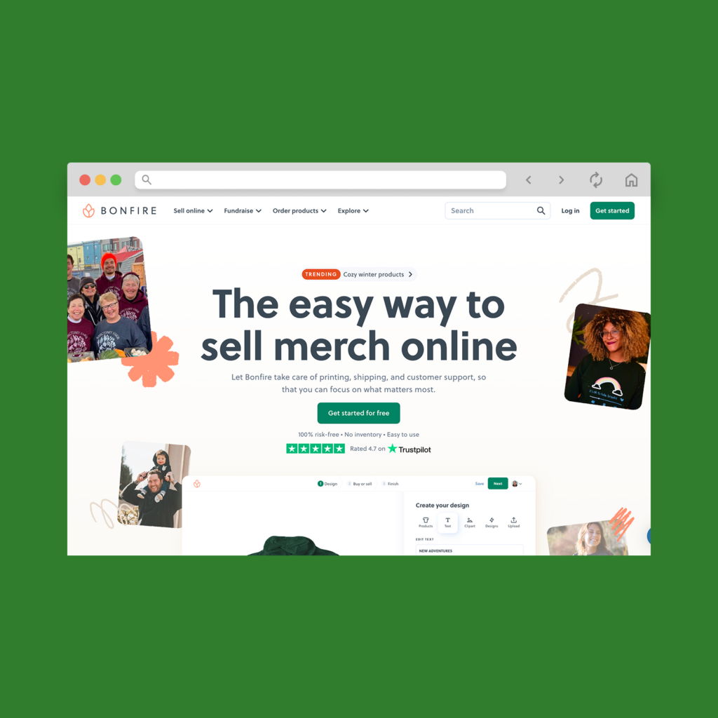 Bonfire homepage hero section screenshot mockup.