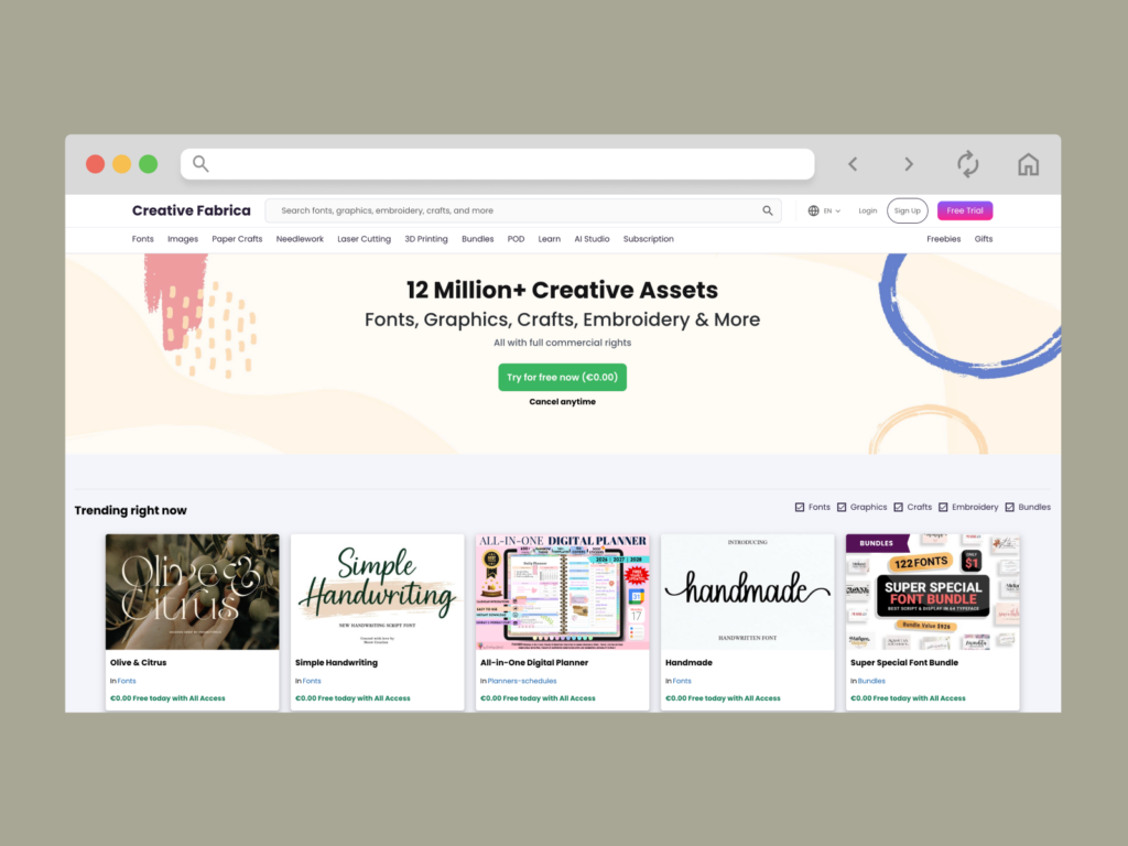 A screenshot of Creative Fabrica’s landing page.