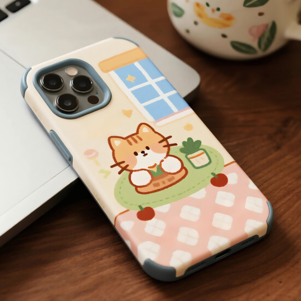 Phone case with a cartoon cat sitting on a green rug, near a potted plant and a window, placed on a wooden table beside a laptop and a mug.
