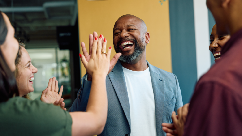 People laughing, having a good time together.