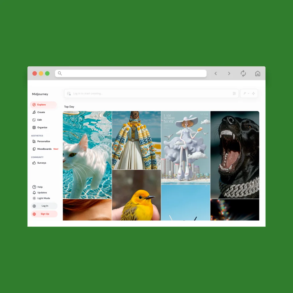 Midjourney’s “Explore” page screenshot mockup.