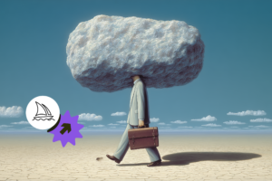 A man carrying a suitcase stands with a cloud hovering above his head, symbolizing a whimsical or thoughtful mood.