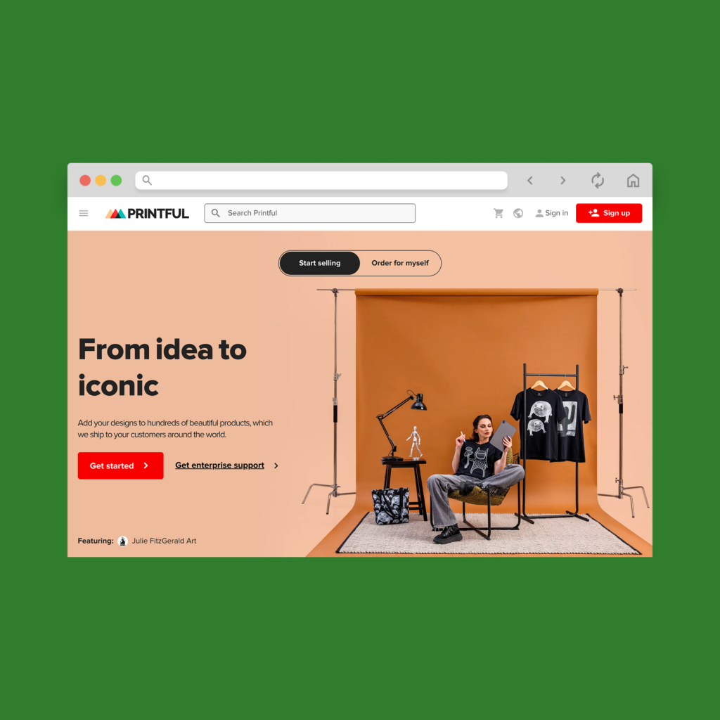 Printful homepage hero section screenshot mockup.